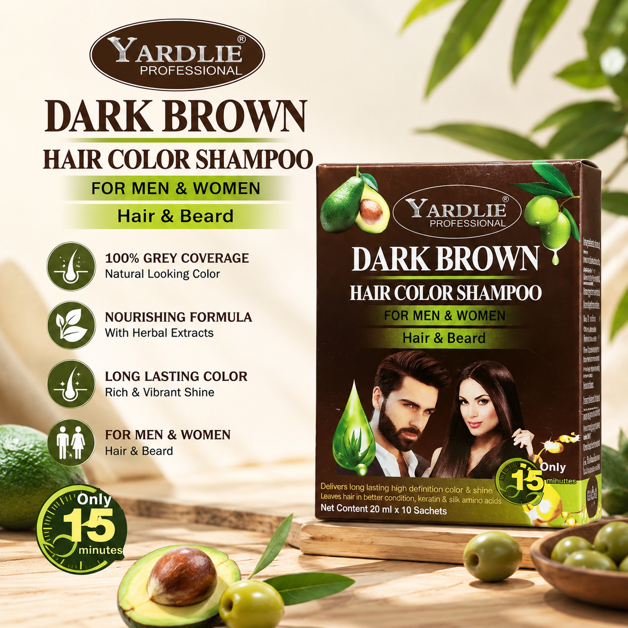Yardlie Professional Dark Brown Hair Color Shampoo 20Ml x 10 Sachets