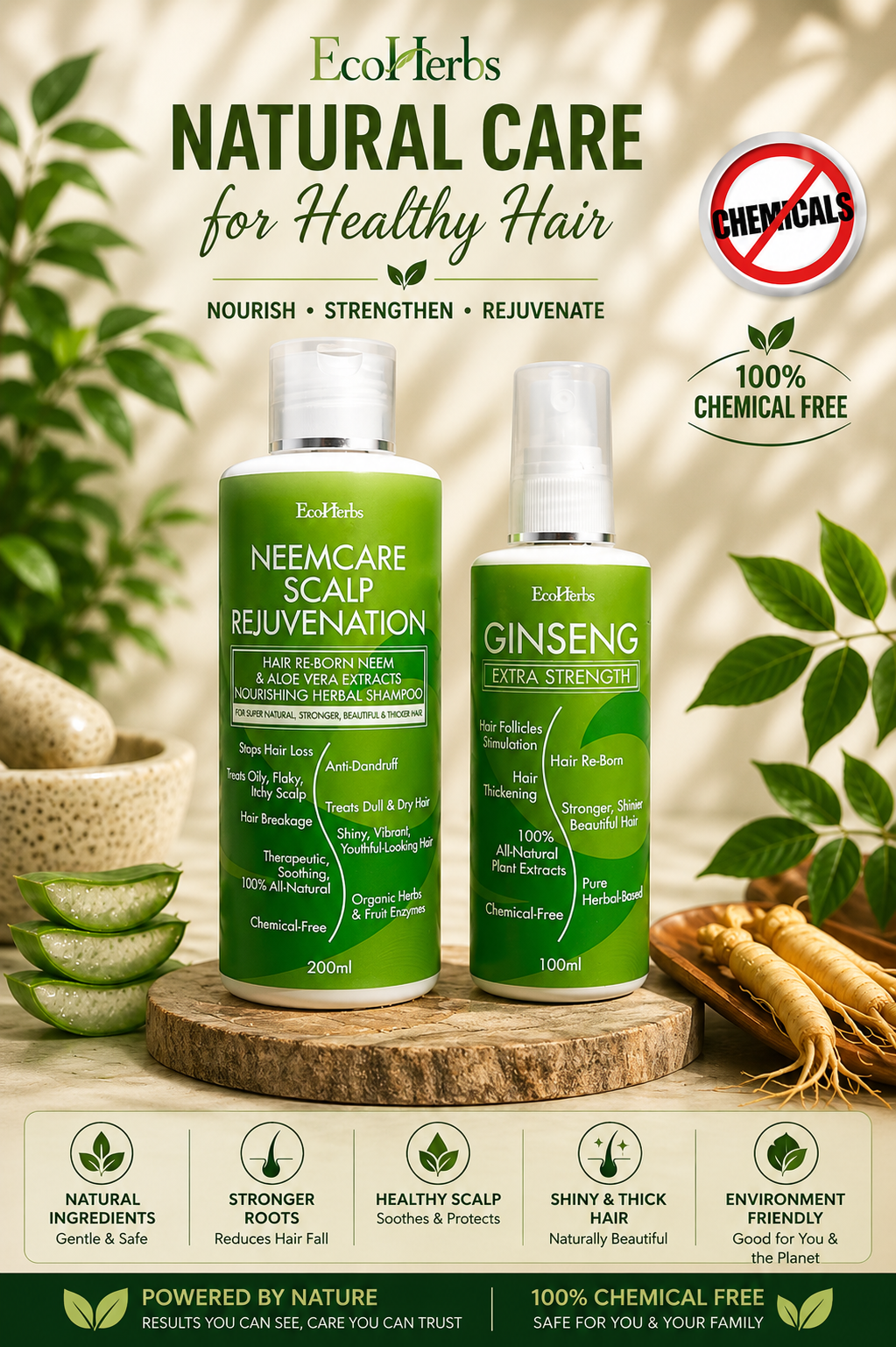 EcoHerbs Neem Care Scalp Rejuvenation 200ml and Ginseng Extra Strength 100ml Package For Hair Loss, Hair Fall, Thinning Hair, Softer, Stronger Hair (FOR WOMEN)