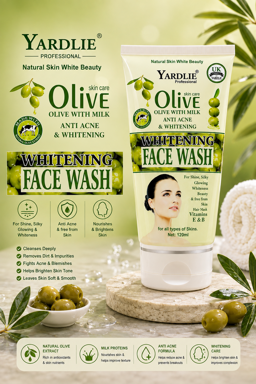 Yardlie Professional Olive with Milk Whitening Face Wash Anti Acne 120ml