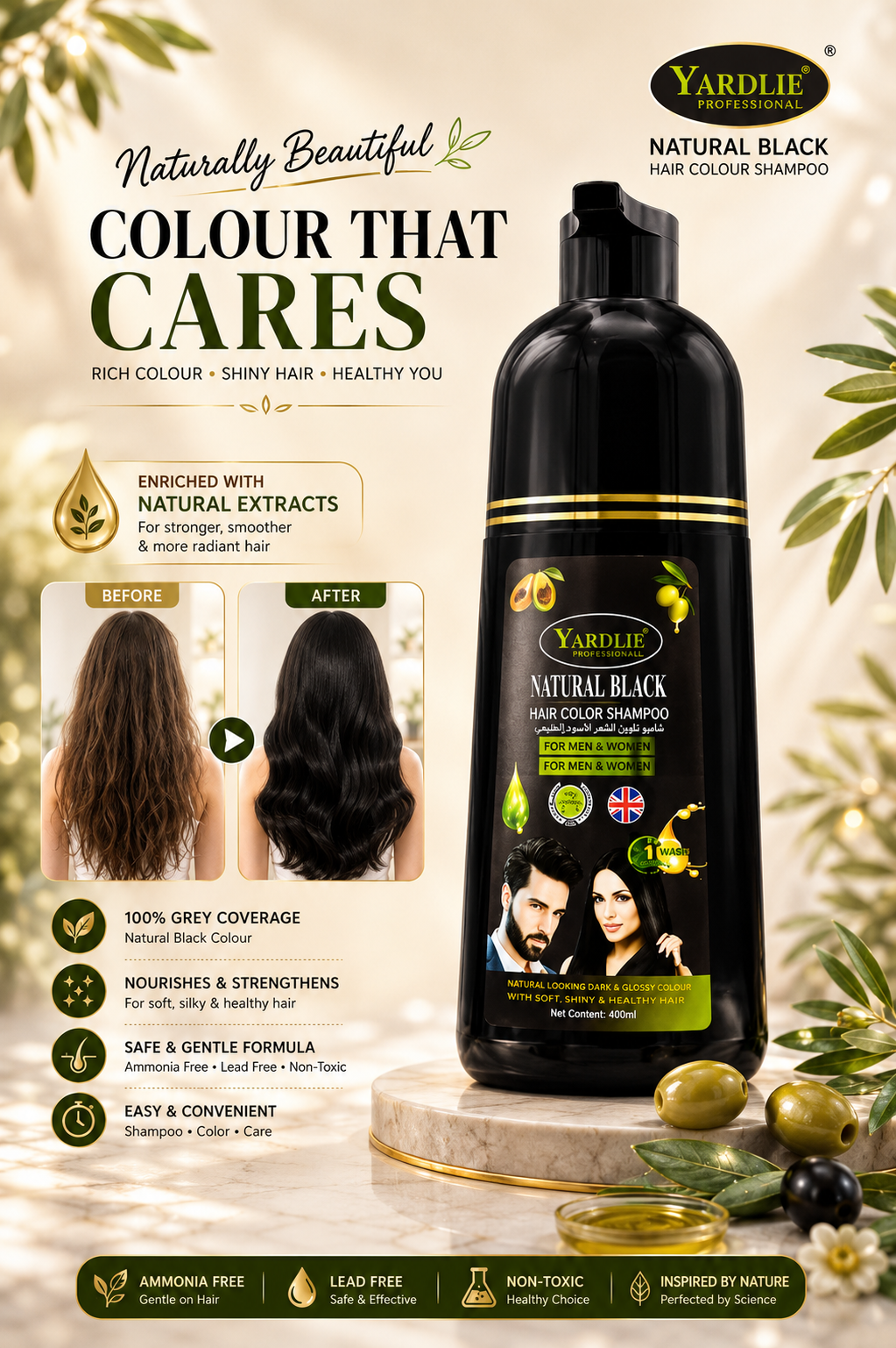 Yardlie Natural Black Hair Color Shampoo for Hair and Beard 400ml