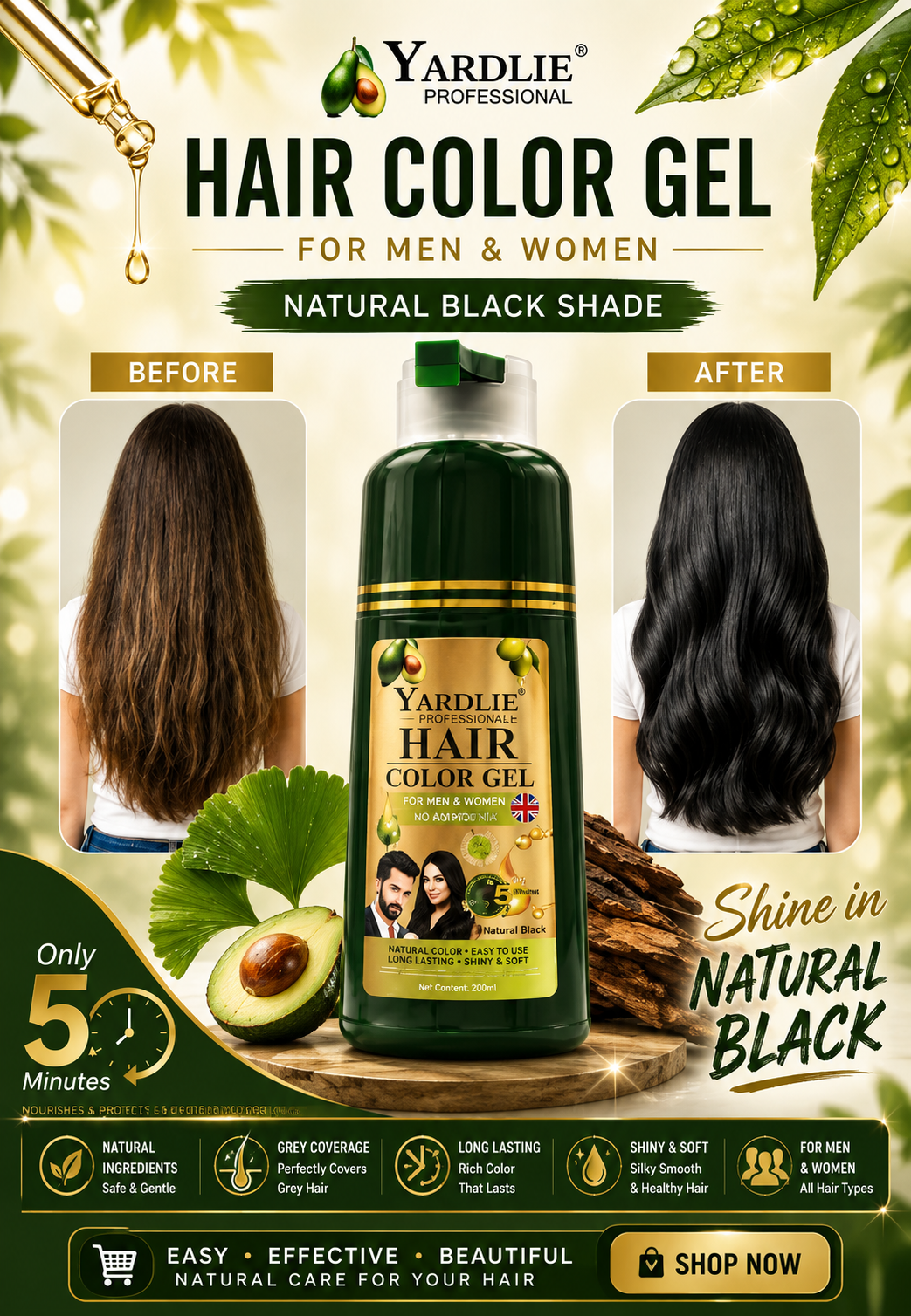 Yardlie Hair Color Gel Shampoo Natural Black 200ML