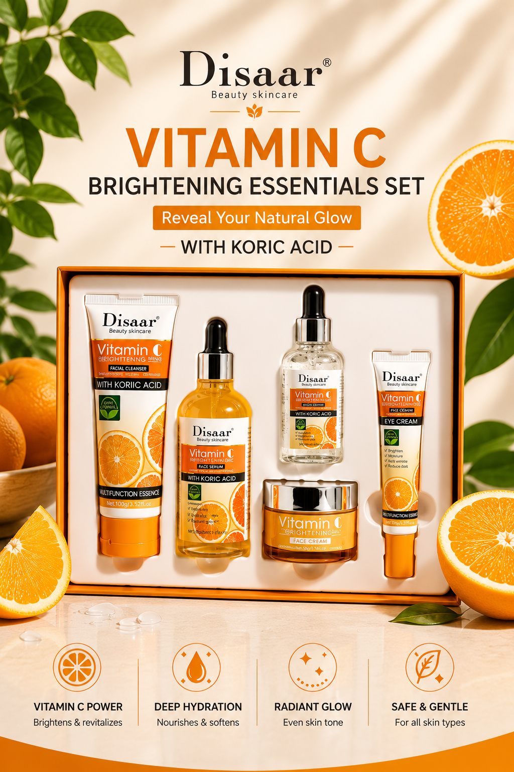 Disaar Vitamin C Brightening & Hydrating Skincare Kit (5-in-1 Glow Set with Hyaluronic Acid)