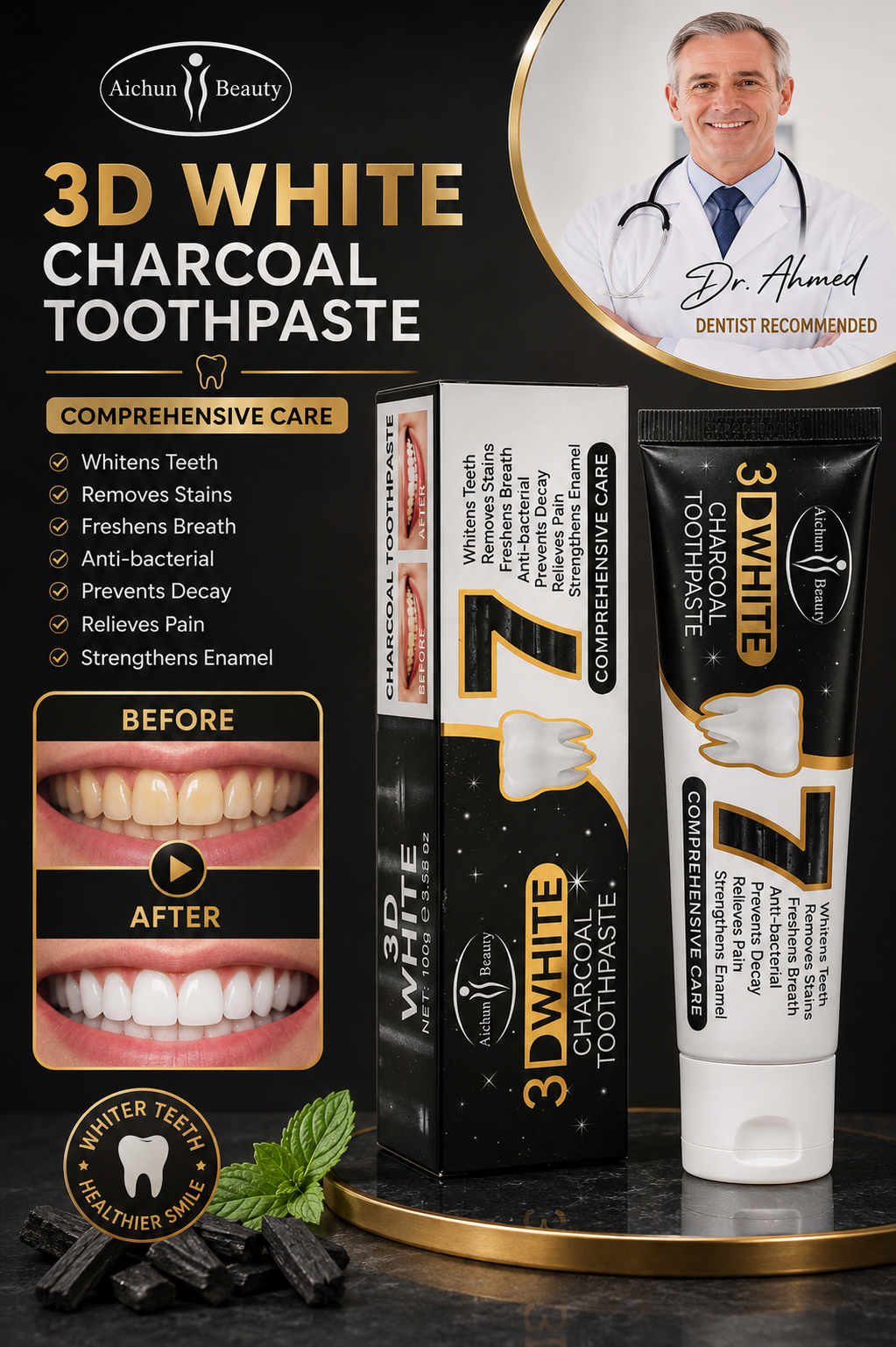 Aichun Beauty 3D White Charcoal Toothpaste 100g – 7-in-1 Comprehensive Oral Care
