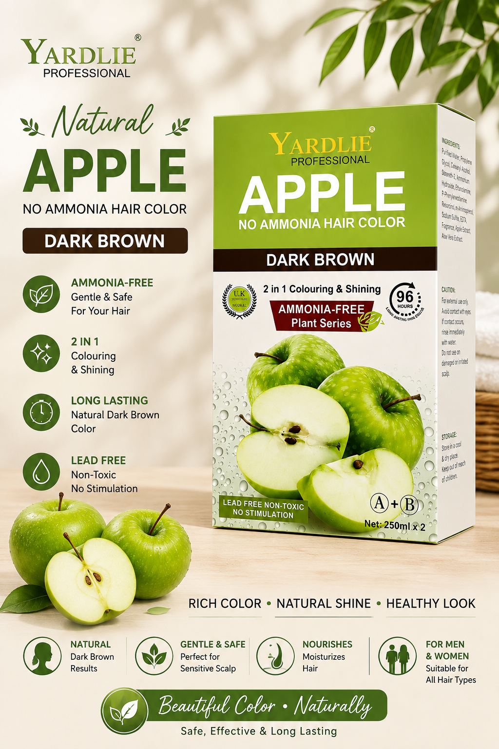 Yardlie Professional Apple No Ammonia Hair Color Dark Brown A+B 250mlx2