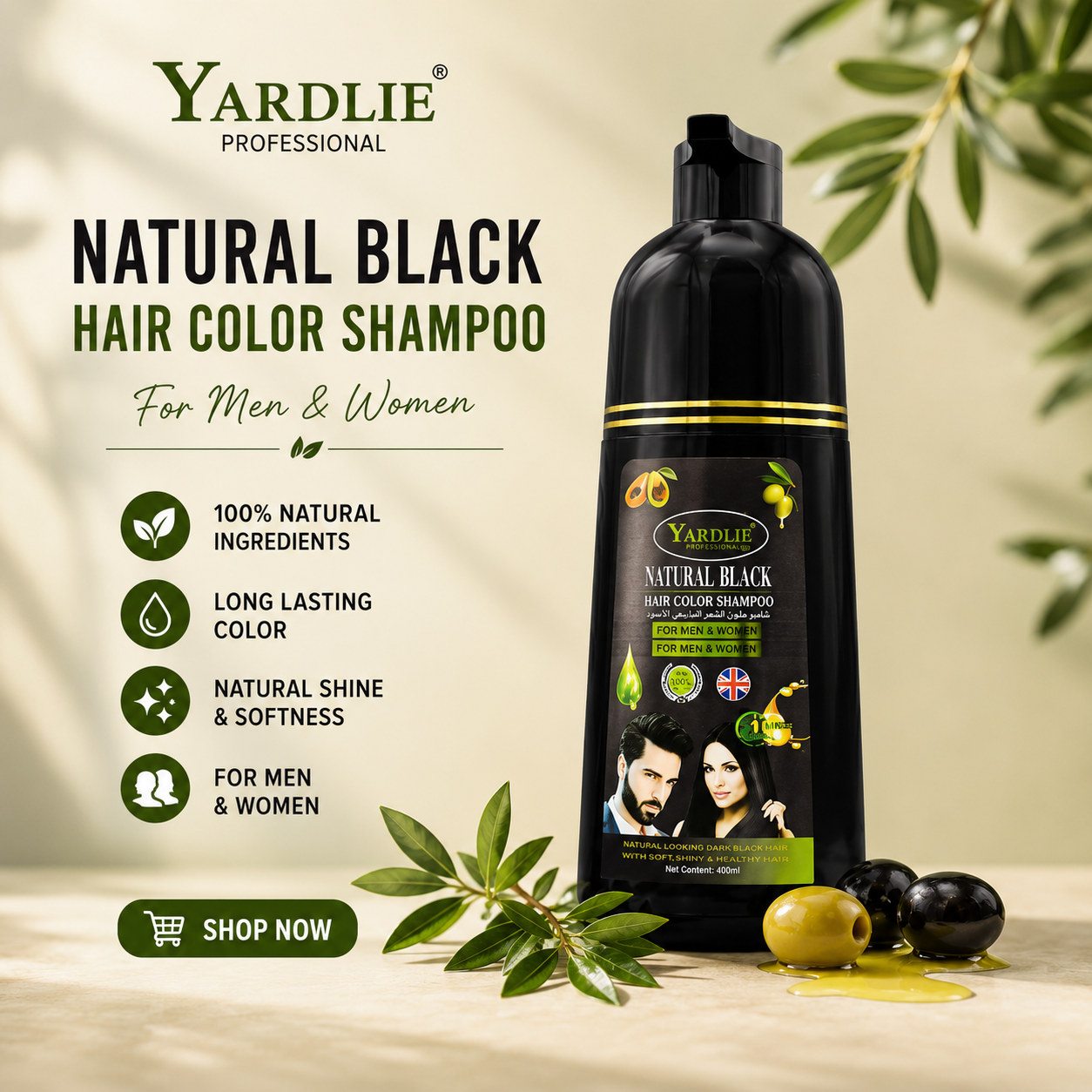 Yardlie Natural Black Hair Color Shampoo for Hair and Beard 400ml