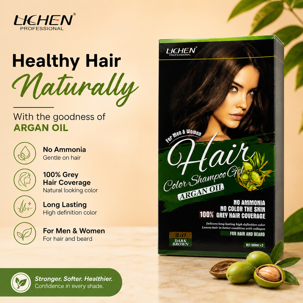 Lichen For Men and Women Hair Color Shampoo Gel Argan Oil 2:0 Dark Brown 500x2 No Ammonia No Color The Skin 100% Grey Hair Coverage For Hair and Beard