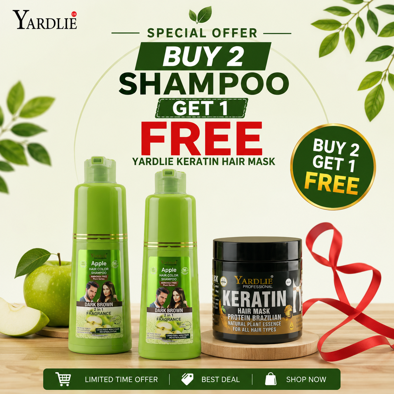 Yardlie Apple Dark Brown Light Brown & Natural Black Hair Color Shampoo And Yardlie Keratin Hair Mask Protein Brazilian