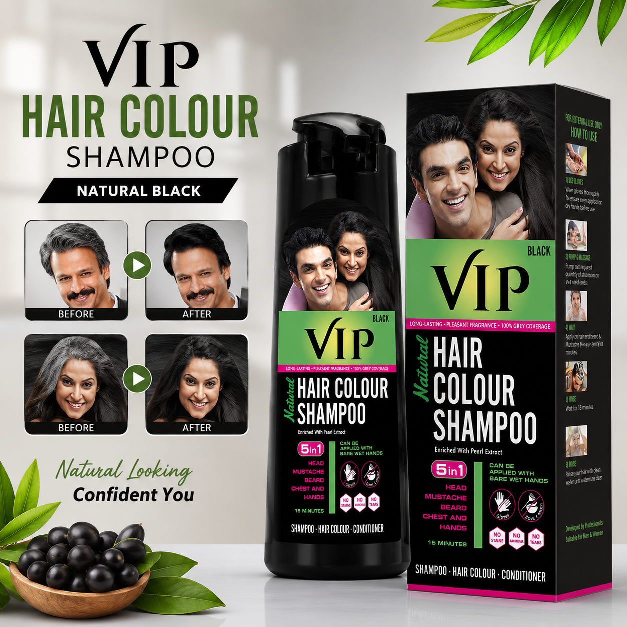 VIP Hair Colour Shampoo 180ml Black for Men & Women