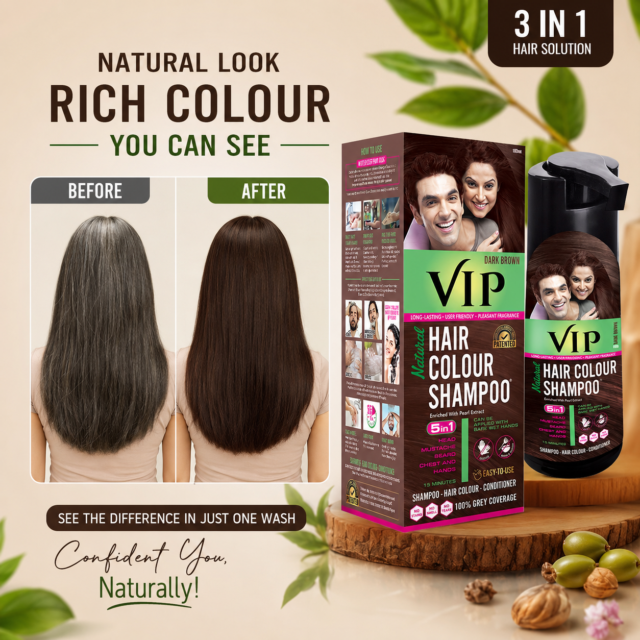 VIP Dark Brown Hair Colour Shampoo for Men and Women 180ML