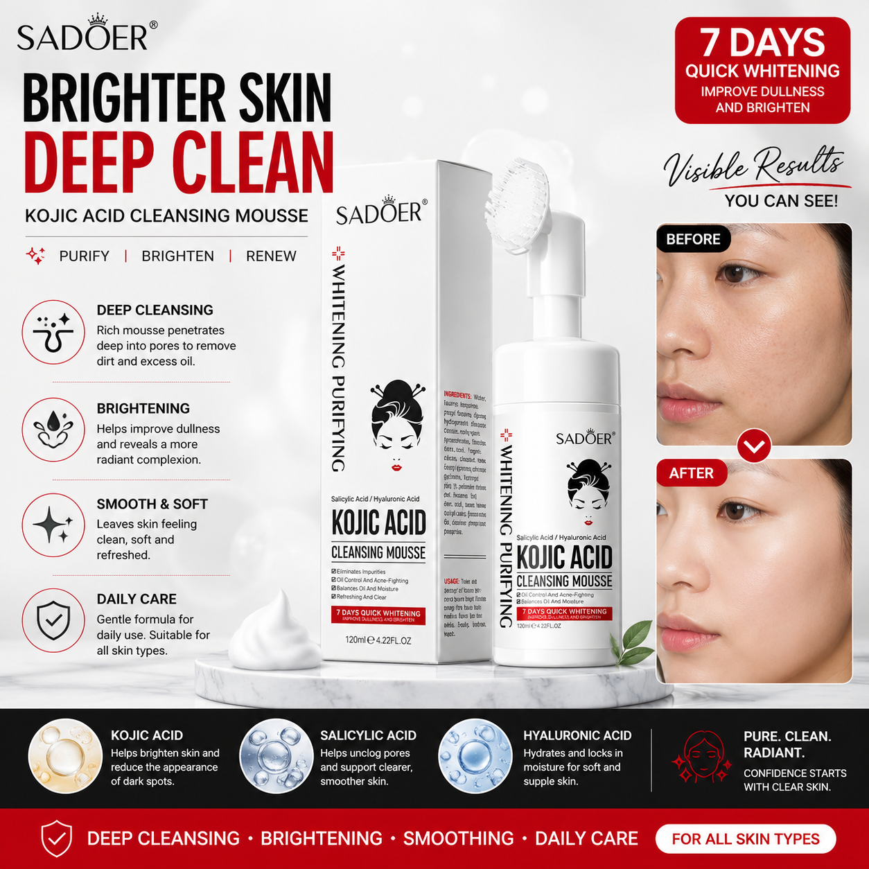 Sadoer Whitening Purifying Kojic Acid Salicylic acid Hyaluronic acid Cleansing Mousse