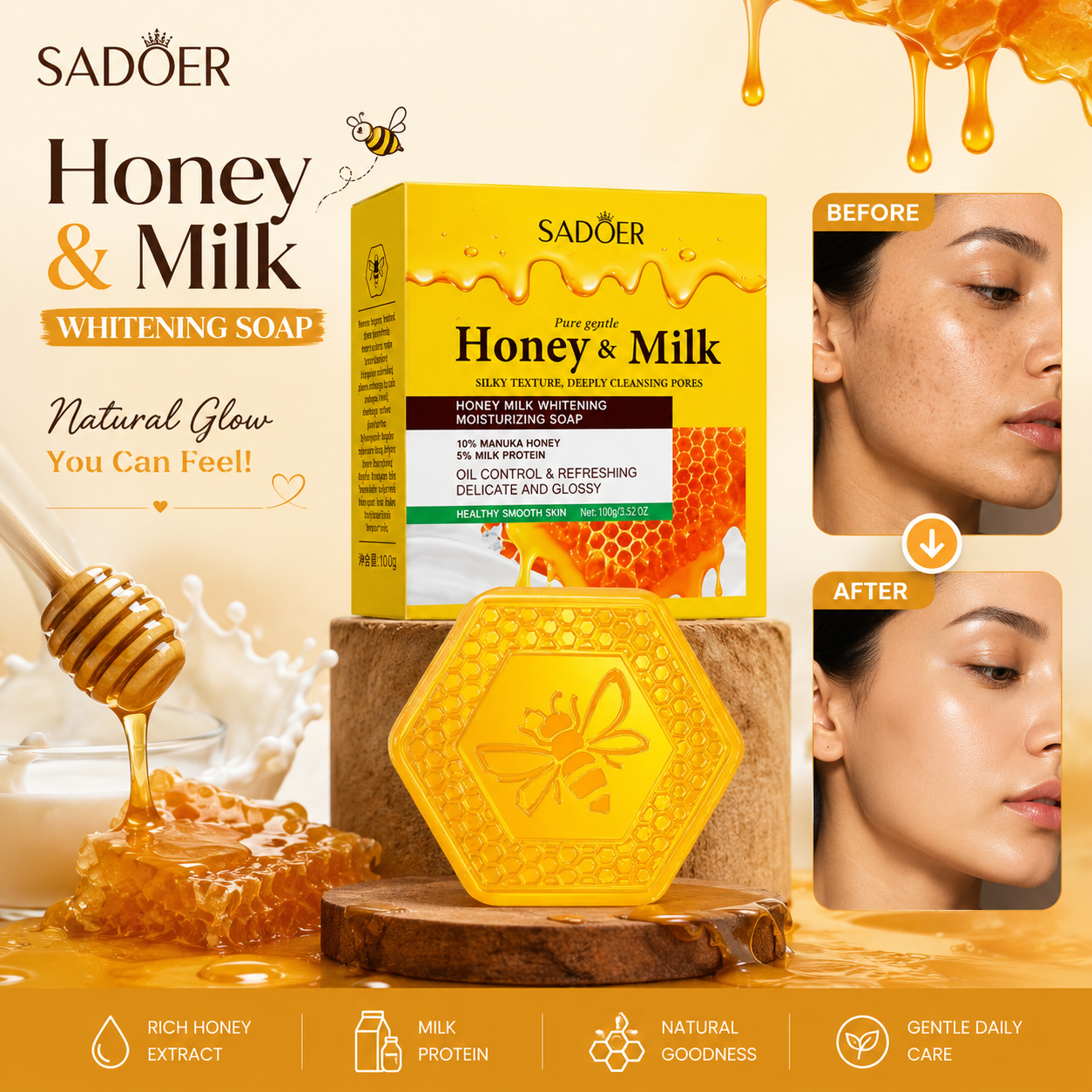 Sadoer Pure Gentle Honey and Milk Whitening Moisturizing Soap