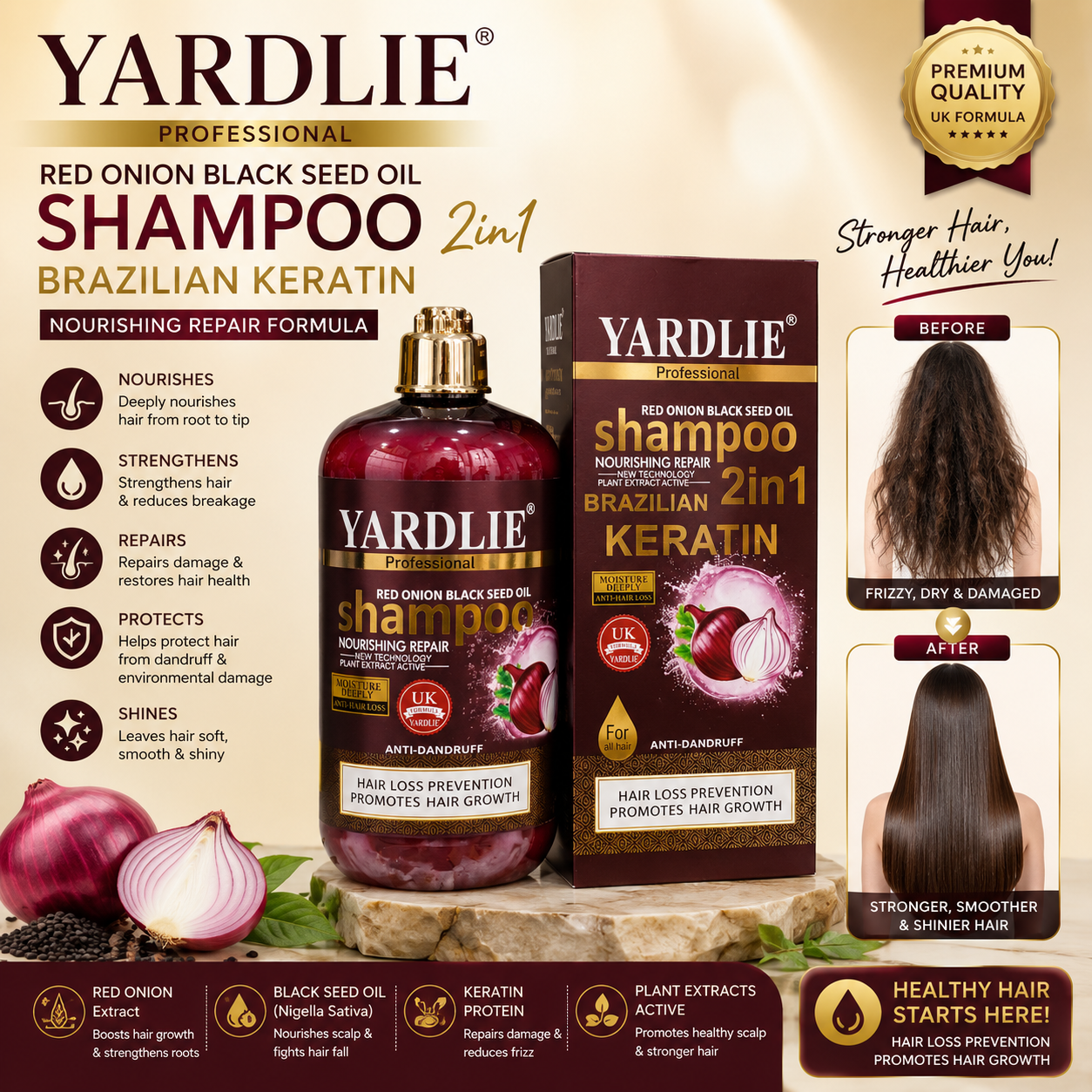 Yardlie Professional Red Onion Black Seed Oil Shampoo 2In1 Brazilian Keratin