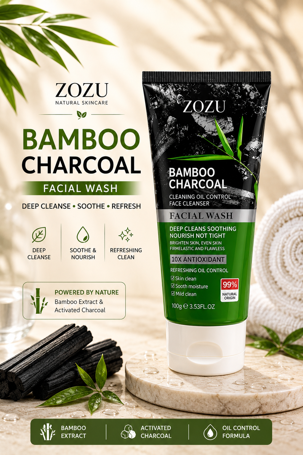 ZOZU Bamboo Charcoal Foam Cleanser with Brush | Deep Purifying Glow | 120g