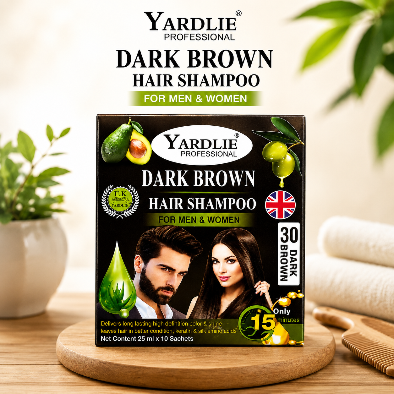Yardlie Professional Dark Brown Hair Color Shampoo For Men and Women 25ml x 10 Sachets 30 day Brown Uk Based