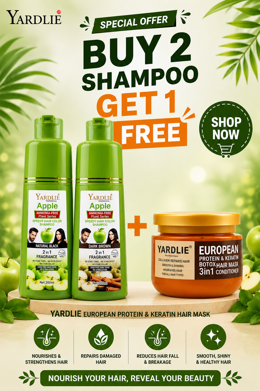 Yardlie Apple Dark Brown Light Brown & Natural Black Hair Color Shampoo and Yardlie European Protein and Keratin Hair Mask