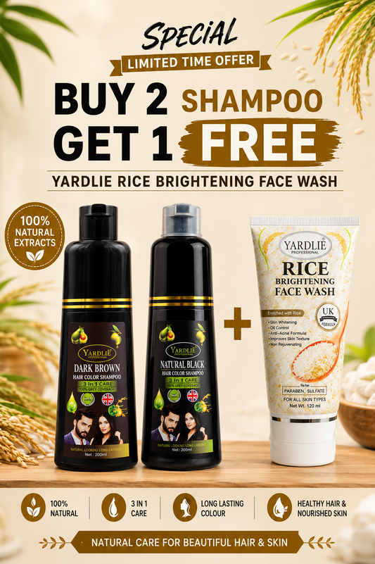 Yardlie Dark Brown Light Brown & Natural Black Hair Color Shampoo And Yardlie Rice Whitening Face Wash