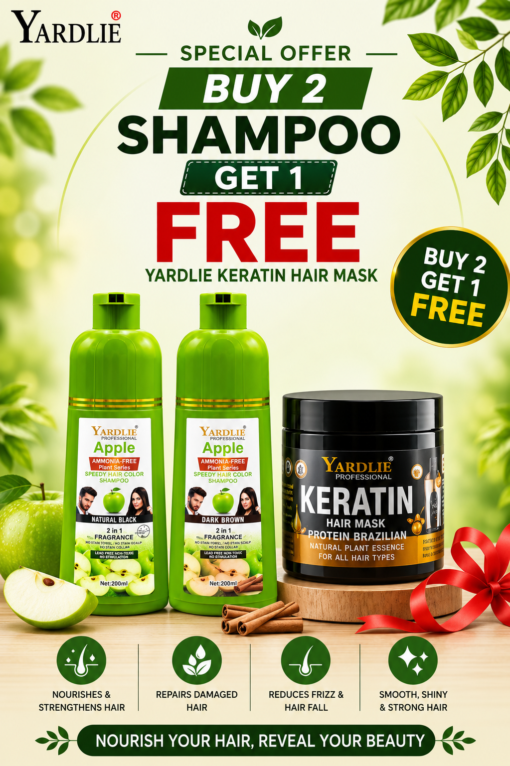 Yardlie Apple Dark Brown Light Brown & Natural Black Hair Color Shampoo And Yardlie Keratin Hair Mask Protein Brazilian
