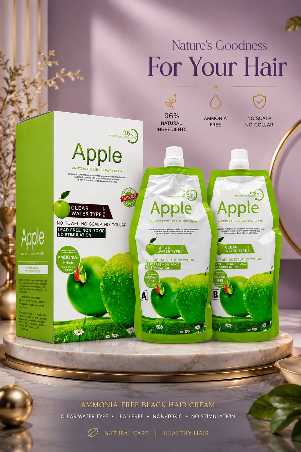 Apple Ammonia-Free Clear Water Hair Dye Cream – Natural Black 1000ml Duo
