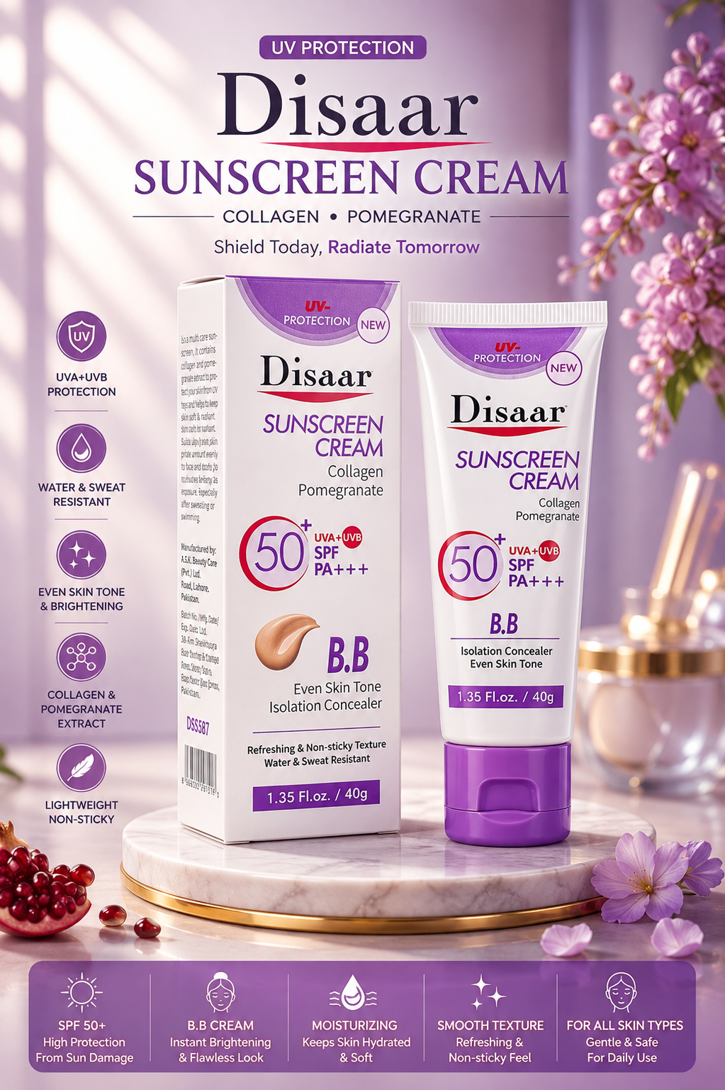 Disaar Sunscreen Cream Collagen Pomegranate SPF 50 PA+++ 40 g