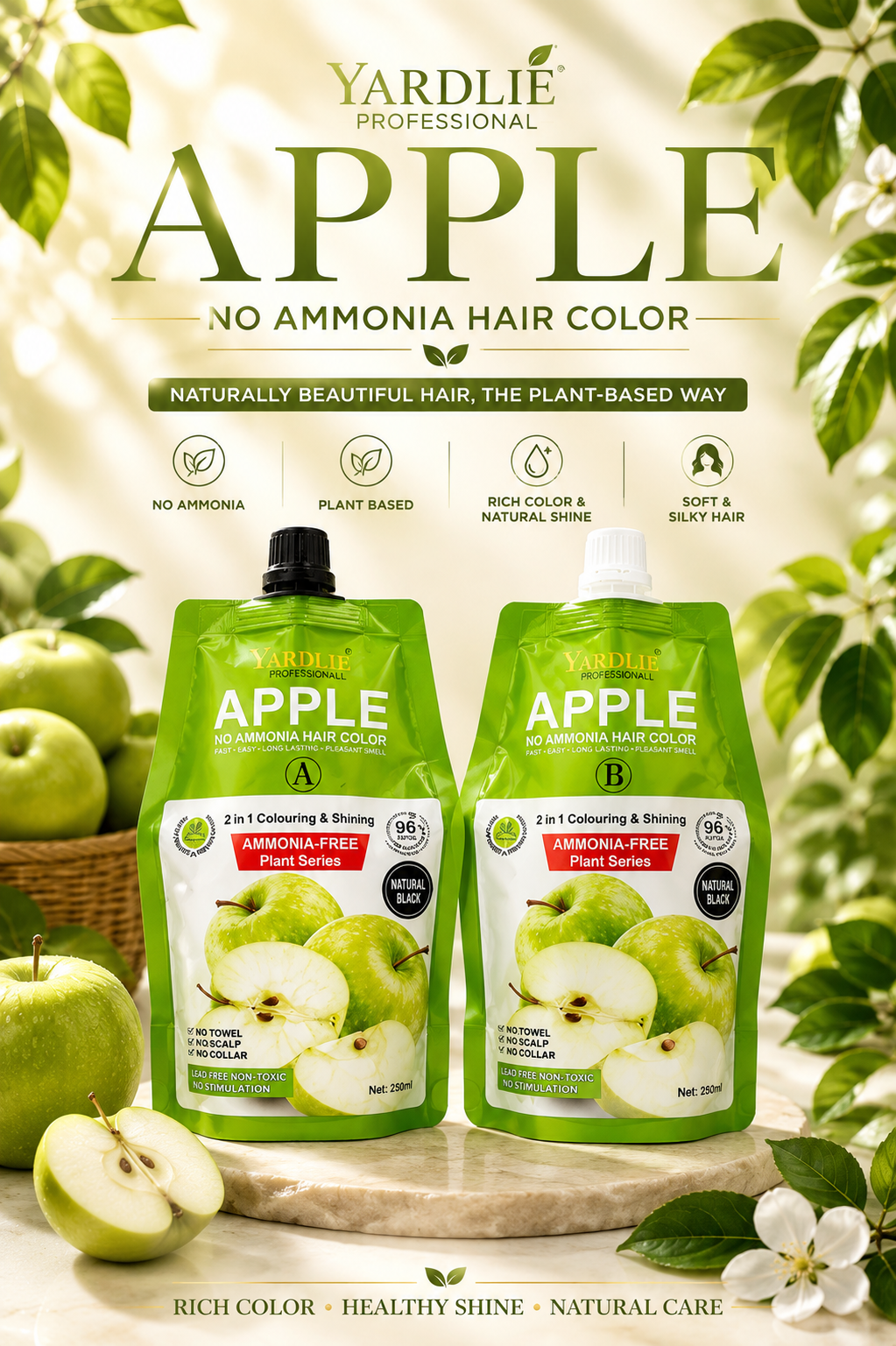 Yardlie Apple Natural Black Hair Color Cream (250ml X 2) Pack