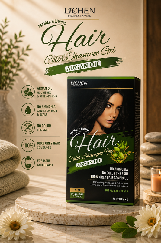 Lichen Professional For Men and Women Hair Color Shampoo Gel Argan Oil 1.0 Natural Black No Ammonia No Color The Skin 100% Gre Hair Coverage 500mlx2