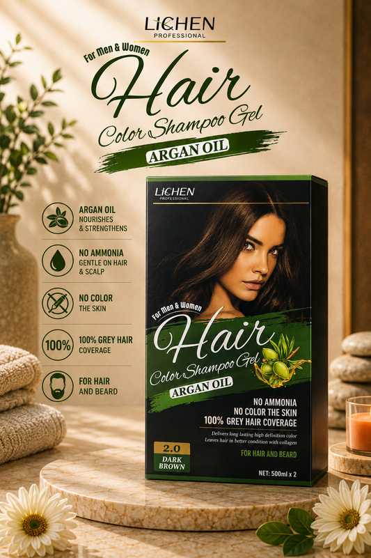 Lichen For Men and Women Hair Color Shampoo Gel Argan Oil 2:0 Dark Brown 500x2 No Ammonia No Color The Skin 100% Grey Hair Coverage For Hair and Beard