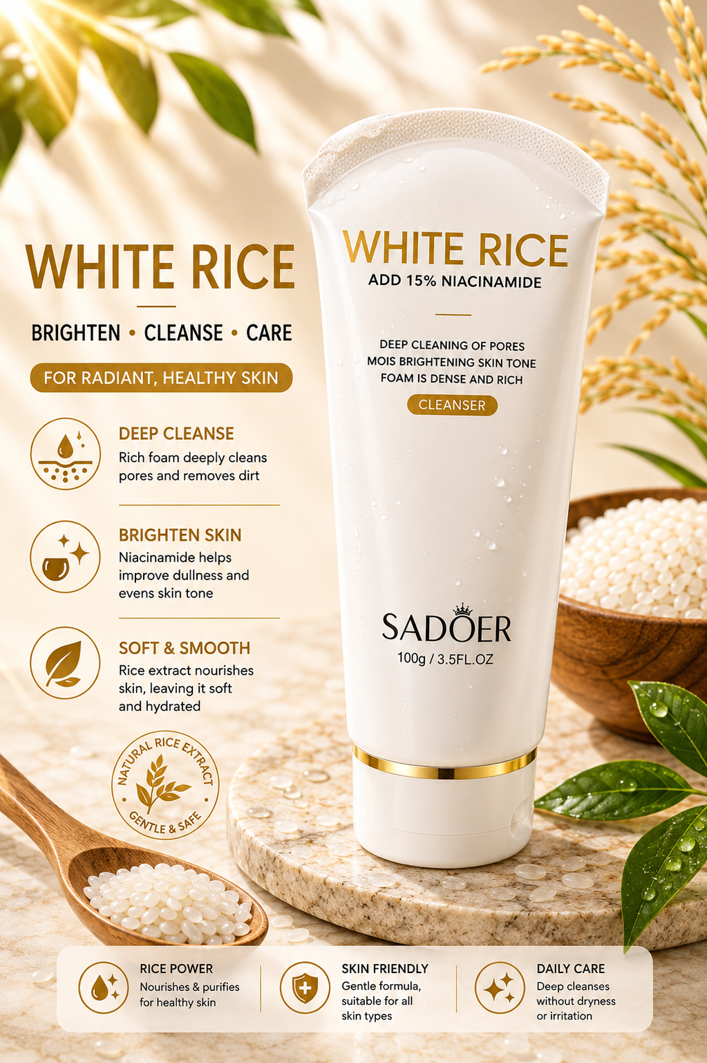 Sadoer White Rice Cleanser 100g – Brightening & Deep Pore Cleansing Face Wash with Niacinamide