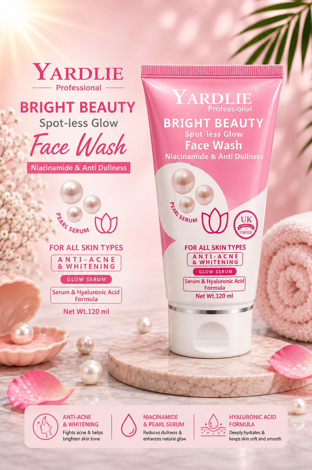 Yardlie Professional Face Wash | Bright Beauty | Niacinamid & Anti Dullness | Pearl Serum | 120ML