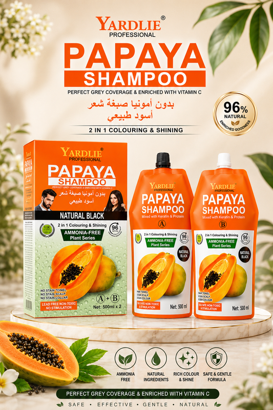 Yardlie Papaya Hair Colour Shampoo Natural Black Ammonia Free 500ml x 2) Pack