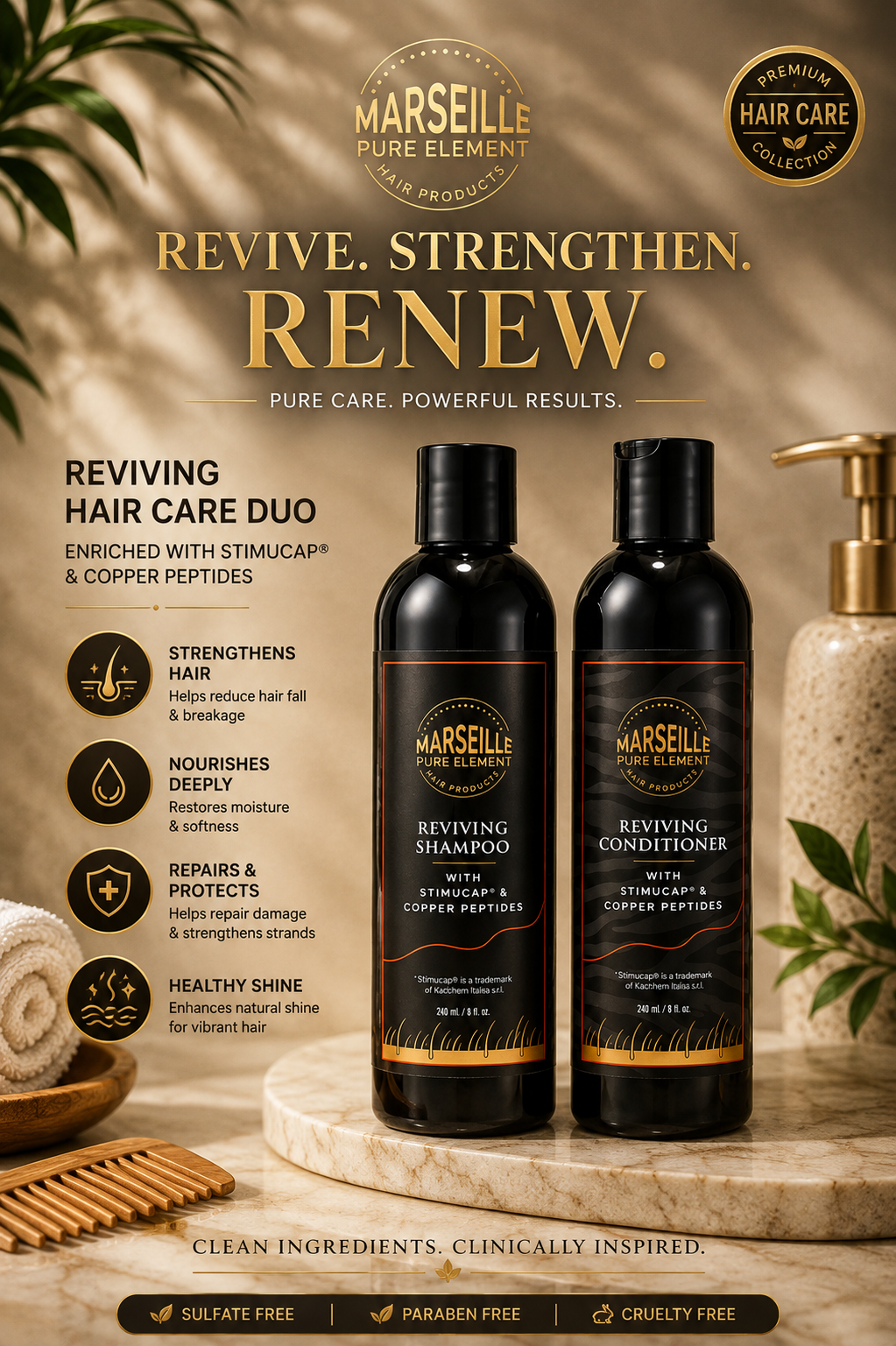 Marseille Pure Element Reviving Shampoo 240ml and Conditioner 240Ml With Stimucap & Copper Peptides