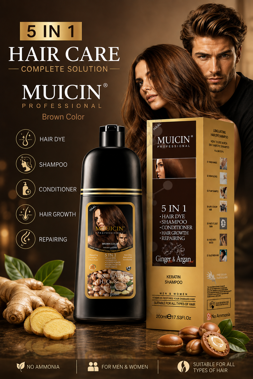 Muicin Ginger and Argan 5-In-1 Hair Color Shampoo Dark Brown 200ml