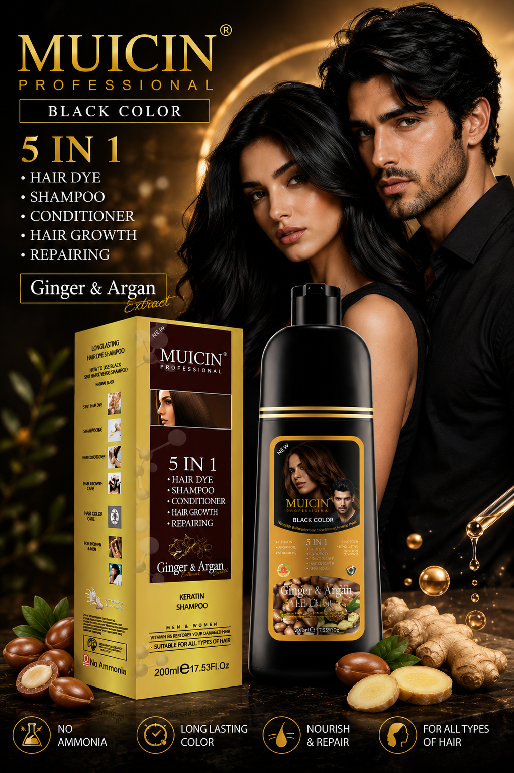 Muicin Ginger and Argan 5-In-1 Hair Color Shampoo Black 200ml