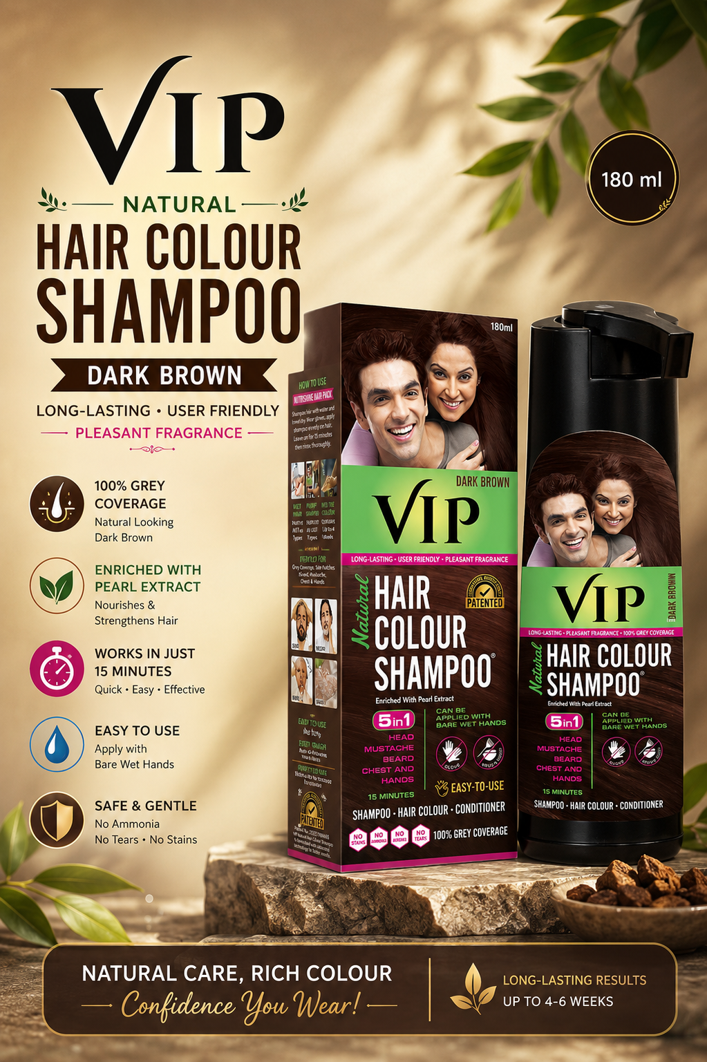 VIP Dark Brown Hair Colour Shampoo for Men and Women 180ML