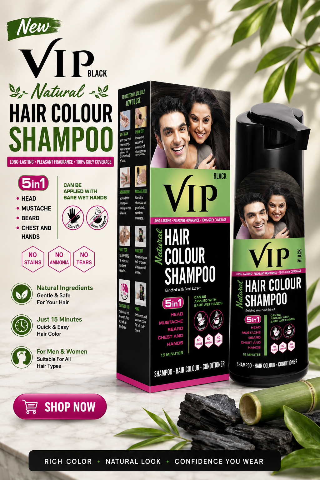 VIP Hair Colour Shampoo 180ml Black for Men & Women