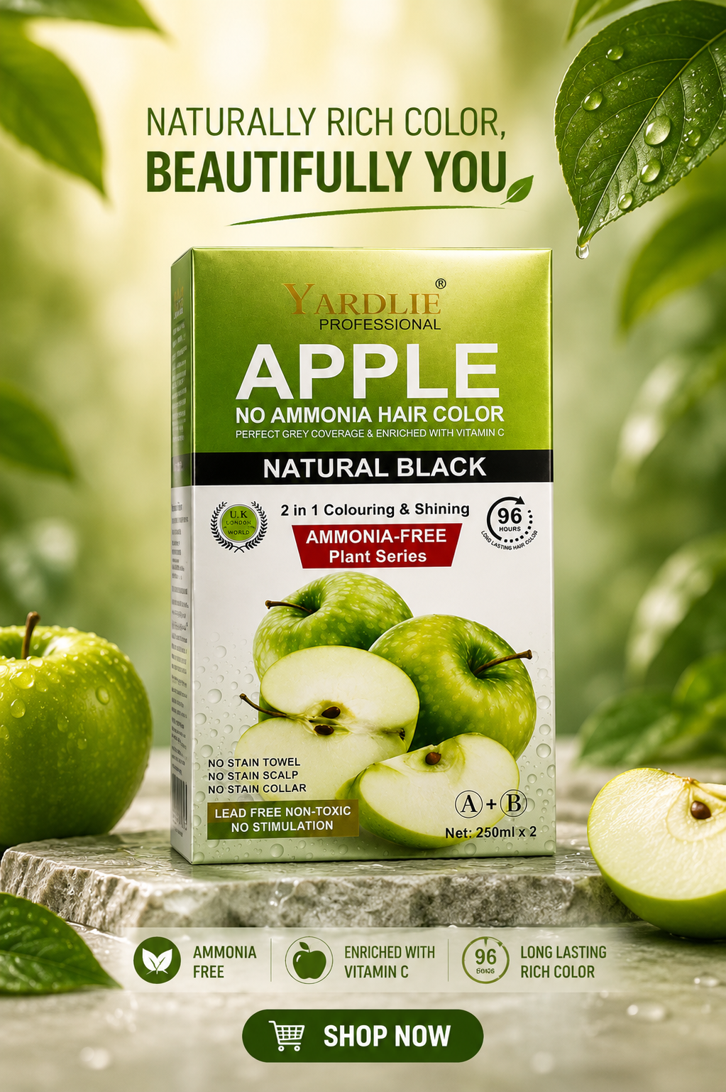 Yardlie Professional Apple No Ammonia Hair Color Natural Black A+B 250mlx2