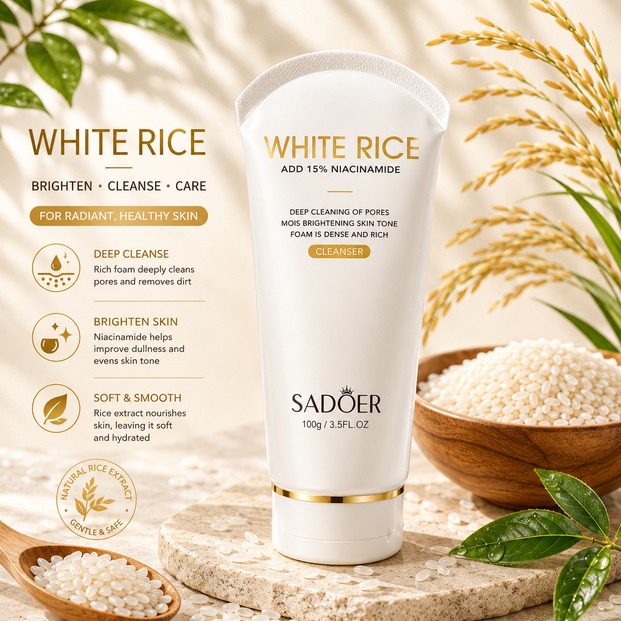 Sadoer White Rice Cleanser 100g – Brightening & Deep Pore Cleansing Face Wash with Niacinamide