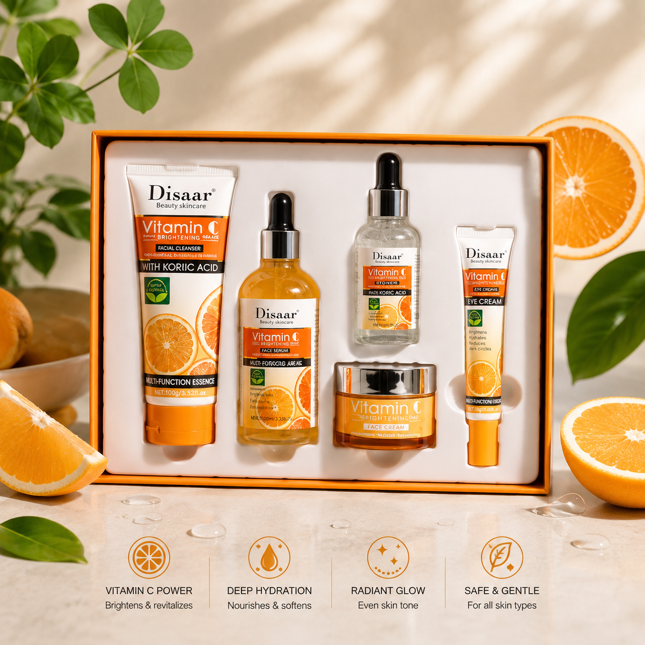 Disaar Vitamin C Brightening & Hydrating Skincare Kit (5-in-1 Glow Set with Hyaluronic Acid)