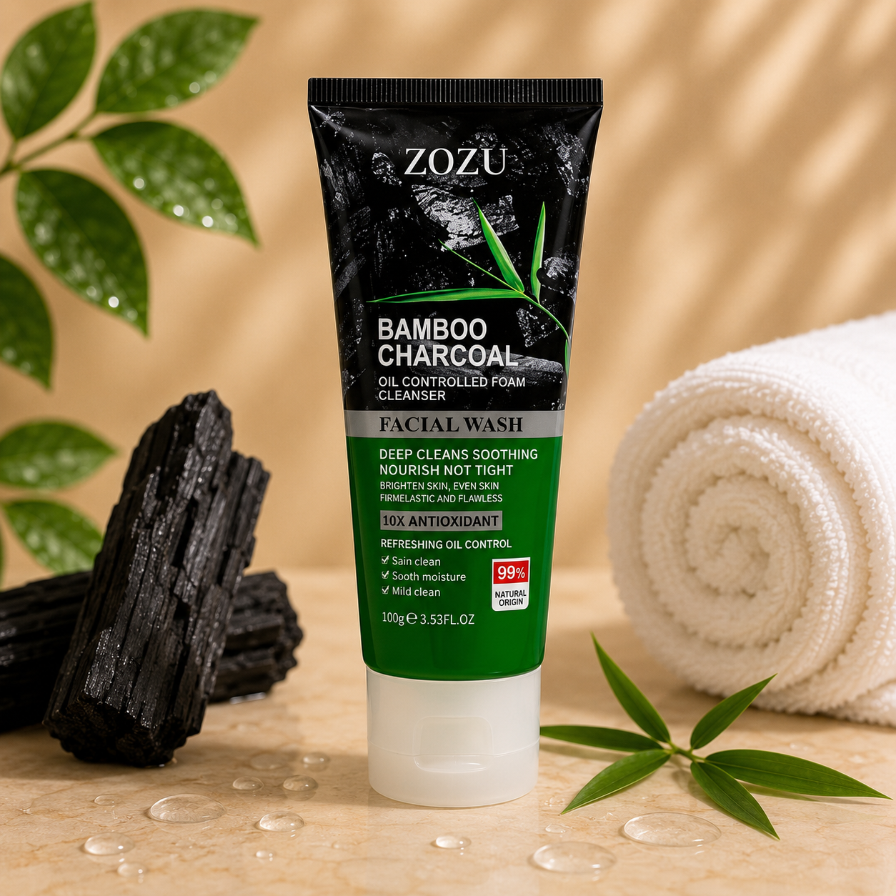ZOZU Bamboo Charcoal Foam Cleanser with Brush | Deep Purifying Glow | 120g