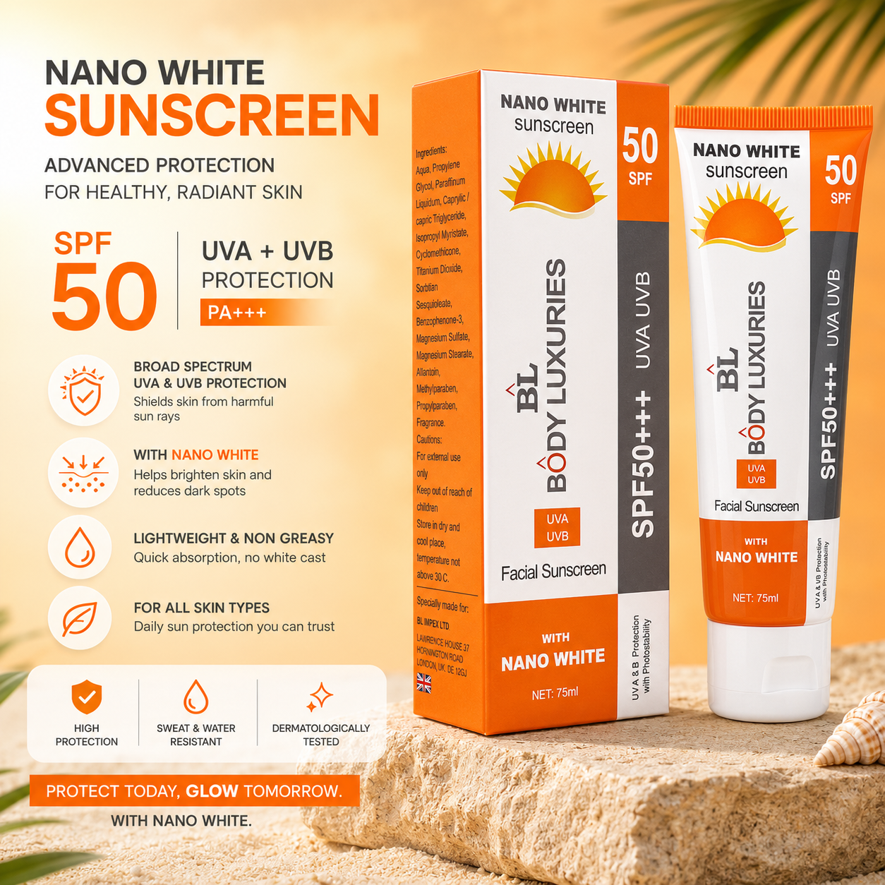 Nano White Sunscreen BL Body Luxuries SPF50+++ UVA UVB