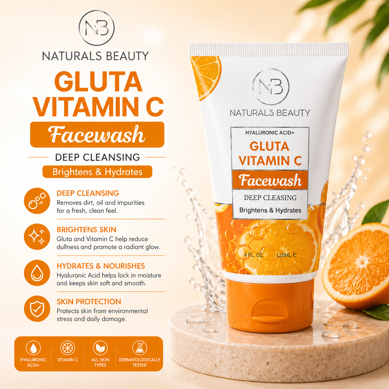 Natural Beauty Hyaluronic acid Gluta Vitamin C Face Wash Deep Cleasing Brighten and Hydrate