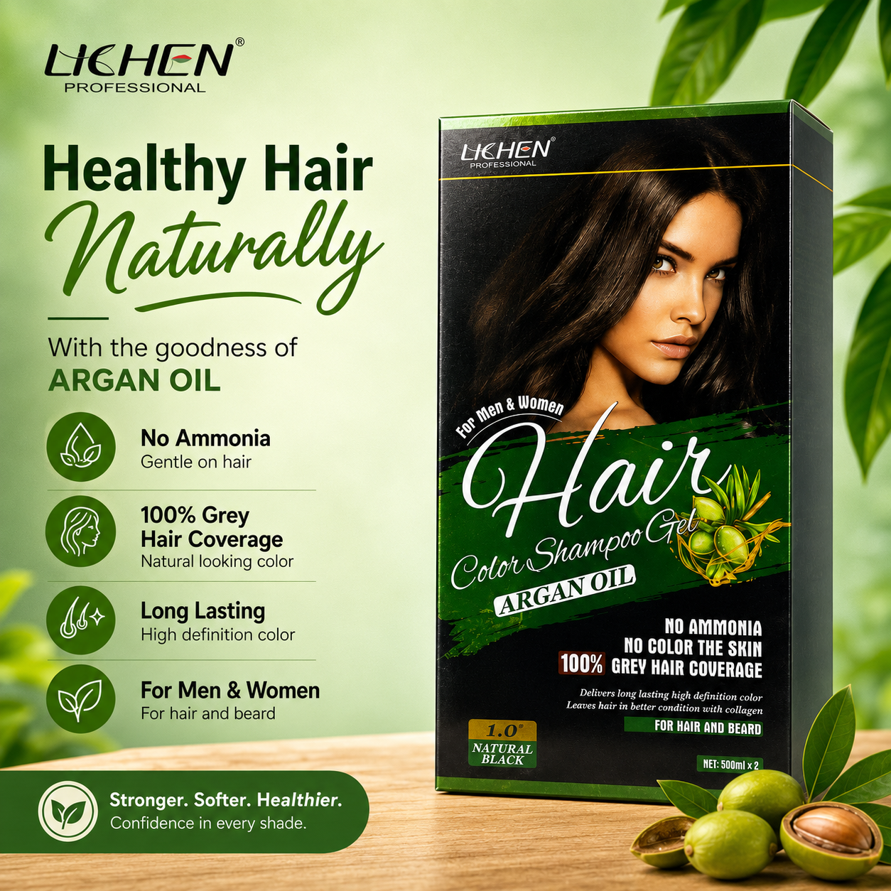 Lichen Professional For Men and Womn Hair Color Shampoo Gel Argan Oil 1.0 Natural Black No Ammonia No Color The Skin 100% Gre Hair Coverage 500mlx2