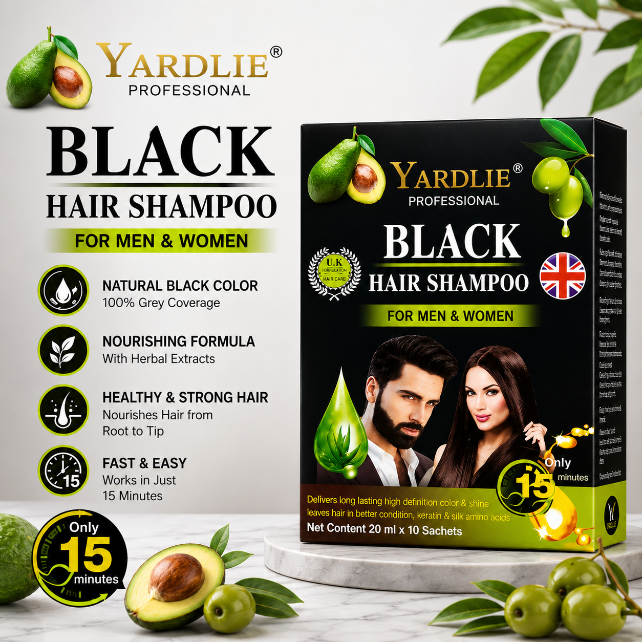 Yardlie Professional Black Hair COlor Shampoo For Men and Women  20ml x 10 Sachets