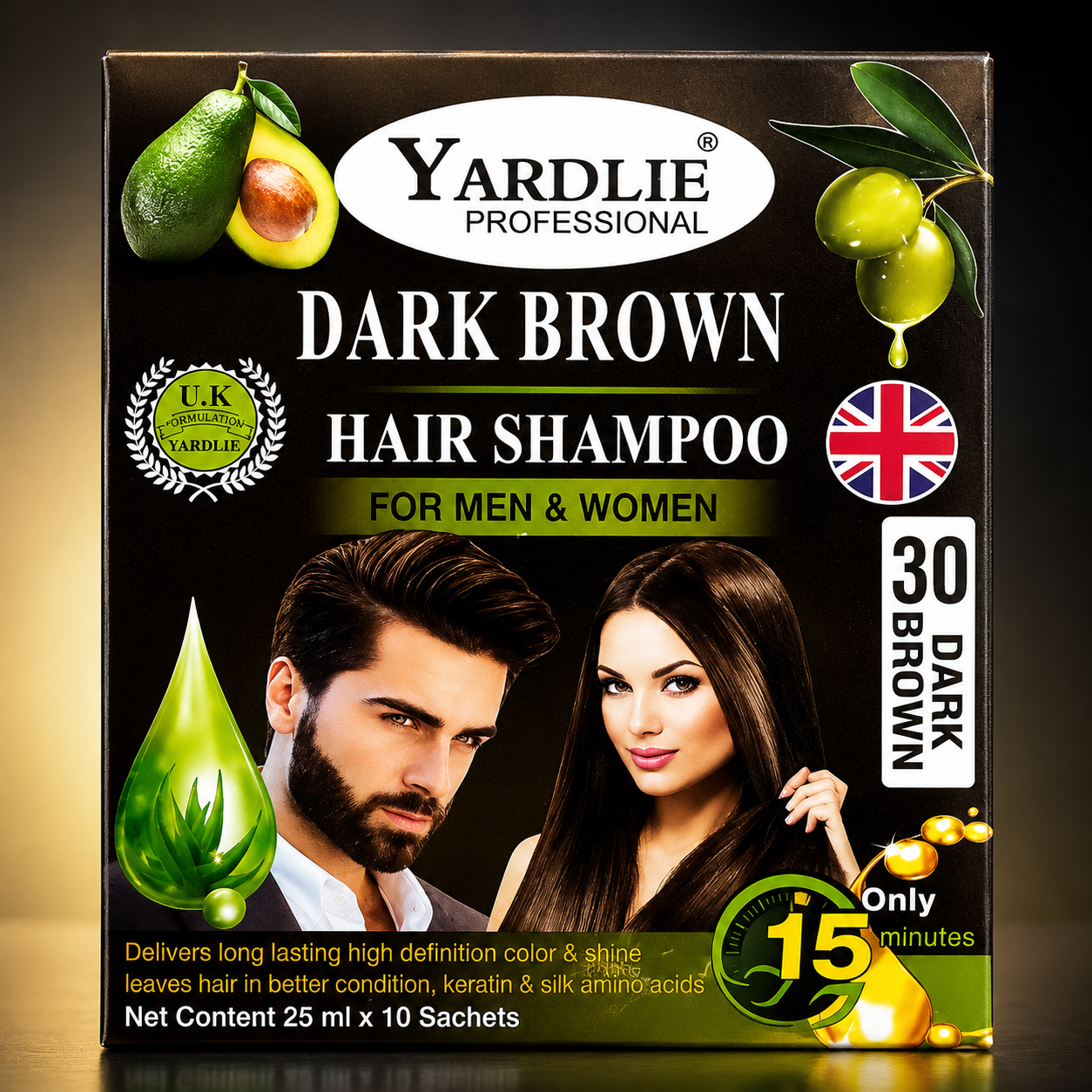 Yardlie Professional Dark Brown Hair Color Shampoo For Men and Women 25ml x 10 Sachets 30 day Brown Uk Based