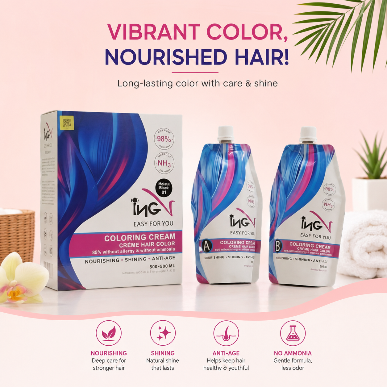 ING Hair Coloring Cream Natural Black 500ml + 500ml Dye glow Hair Color Ammonia free