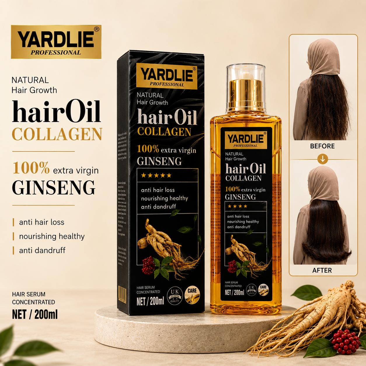 Yardlie Professional Hair Oil Collagen 100% Extra Virgin Ginseng 200ml