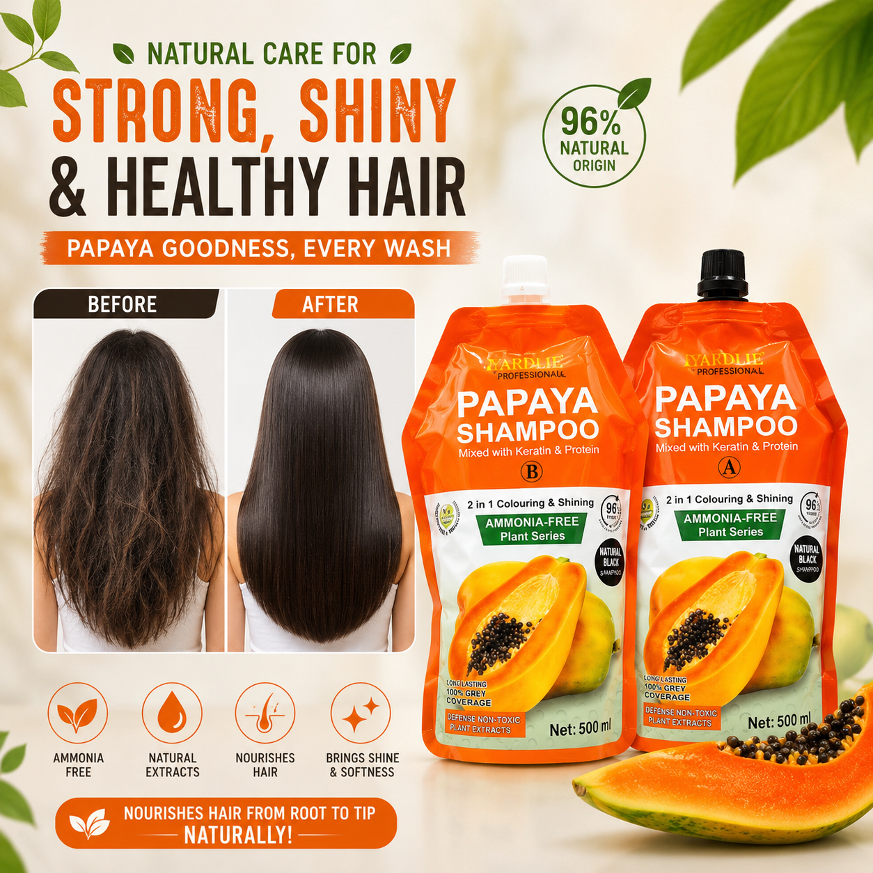 Yardlie Papaya Hair Colour Shampoo Natural Black Ammonia Free