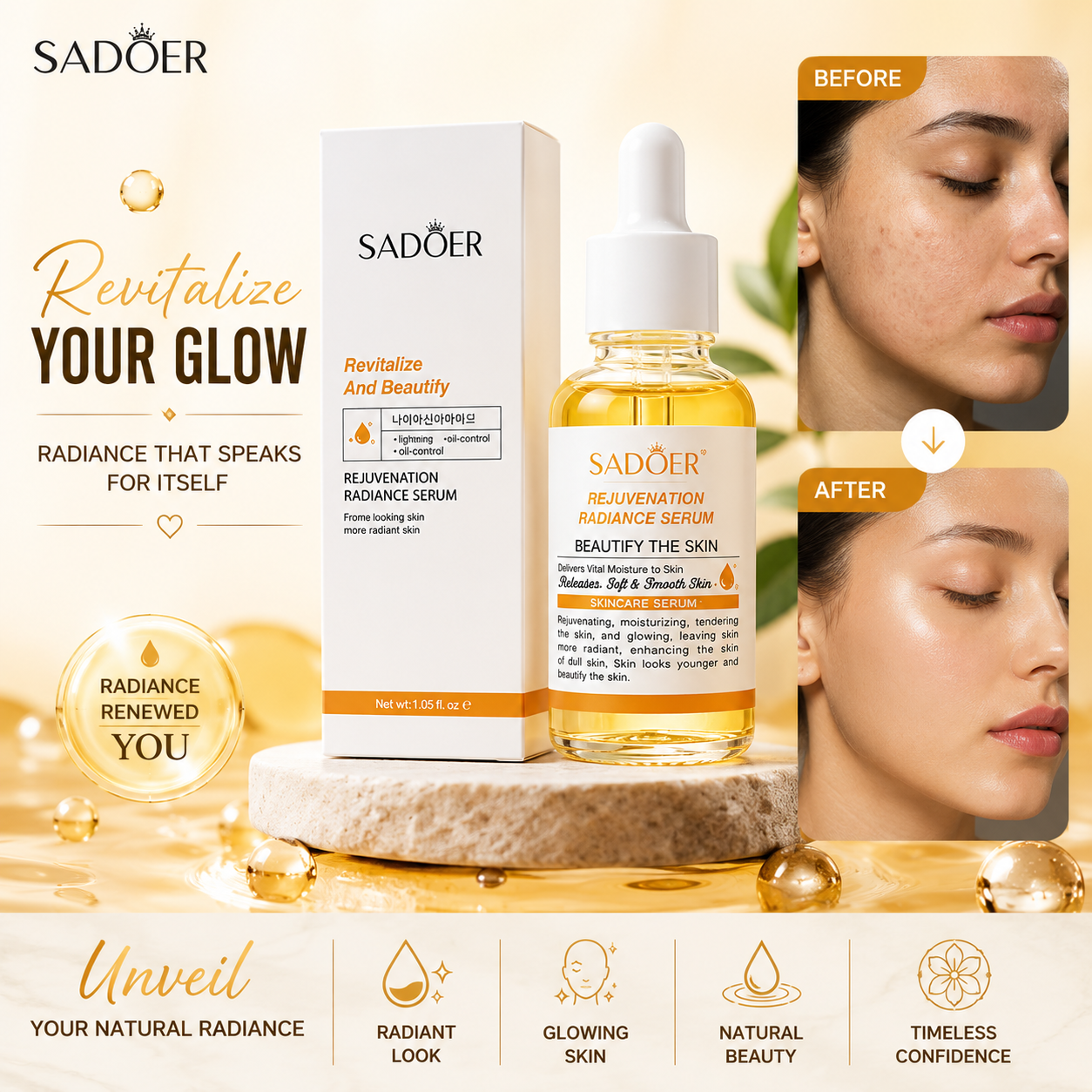SADOER Rejuvenation Radiance Facial Serum Essence Replenishing Moisturizing Firming Lifting Serum for Face Care
