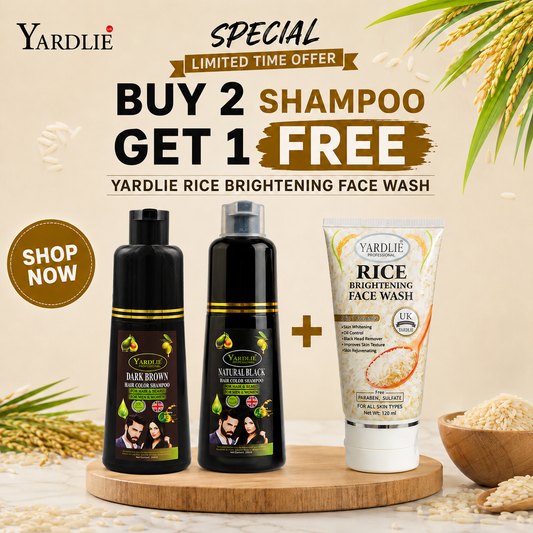Yardlie Dark Brown Light Brown & Natural Black Hair Color Shampoo And Yardlie Rice Whitening Face Wash