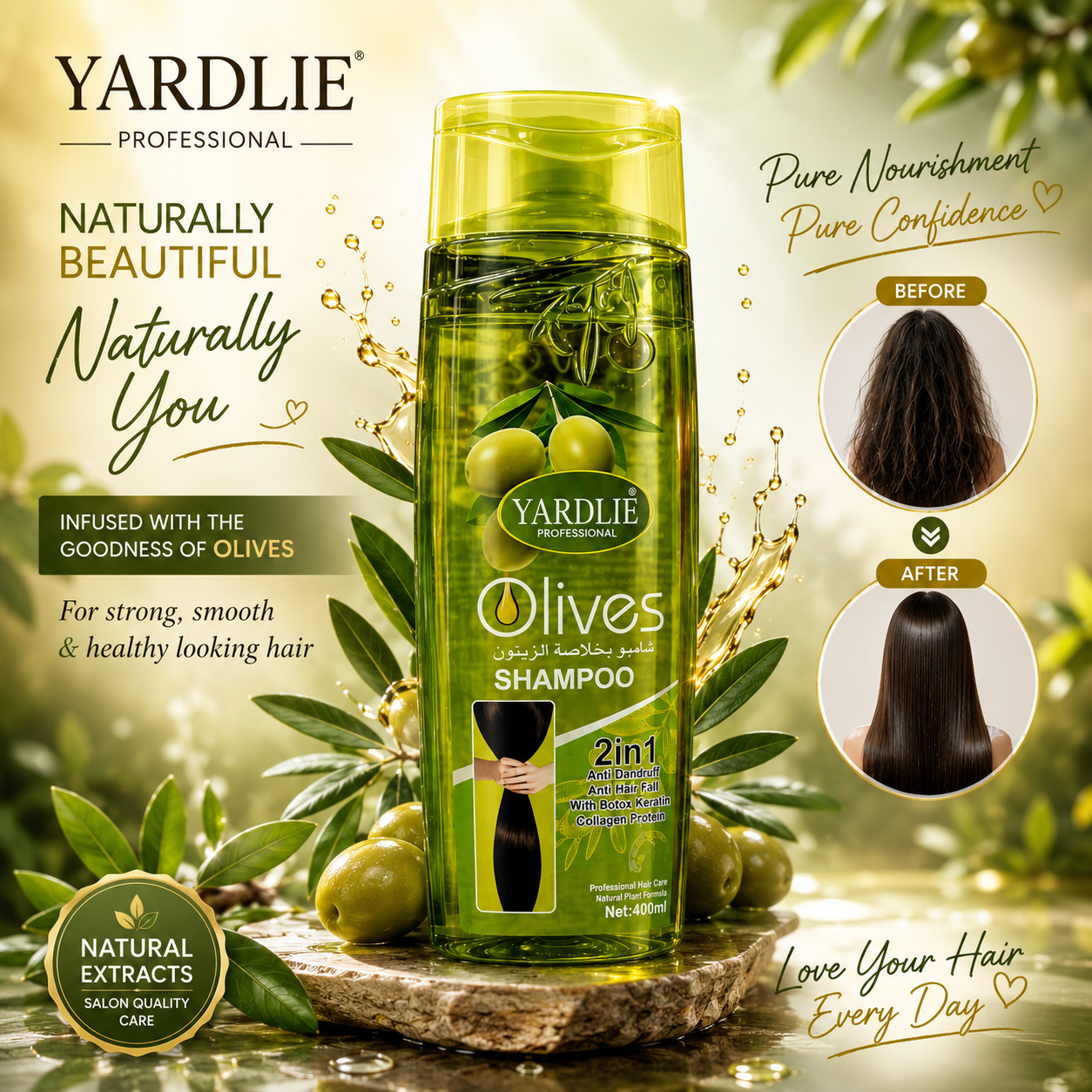 Yardlie Professional Olive Shampoo 2 In 1 Anti Dandruff Anti Hair Fall With Botox Keratin Collagen Protein