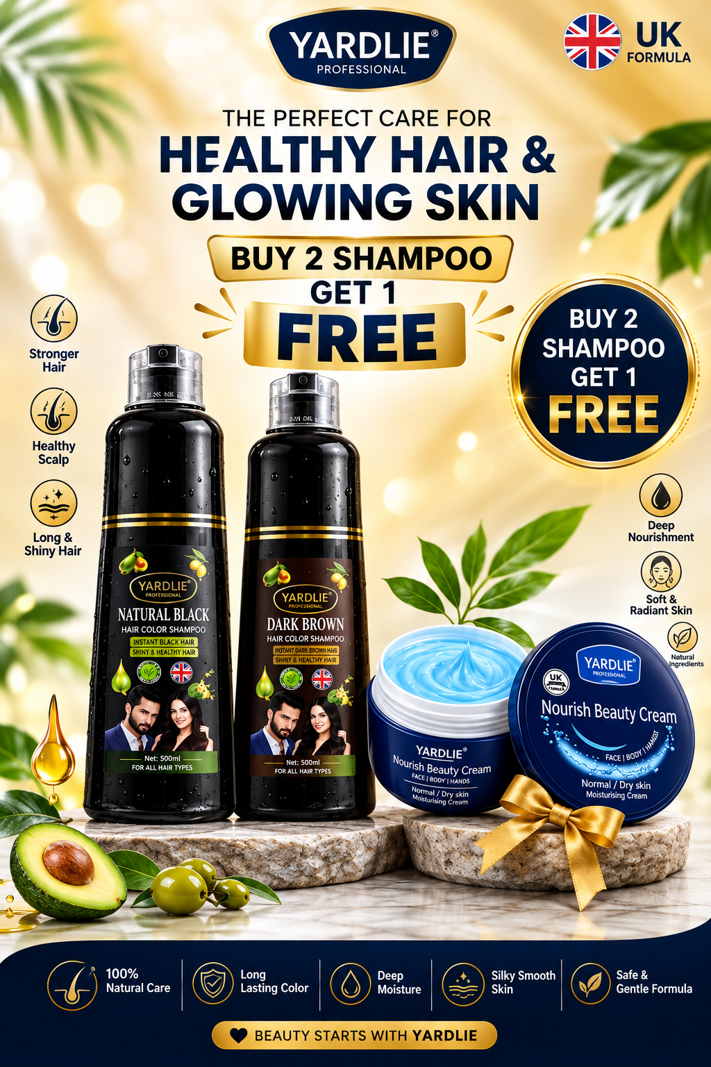 Yardlie  Dark Brown Light Brown & Natural Black Hair Color Shampoo And Zeesh Korean Whitening Cream